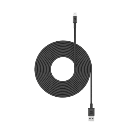 A black cable with an apple logo on it.