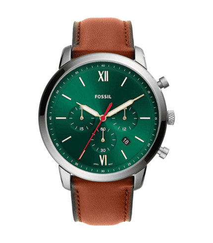 A green and silver watch with brown strap.