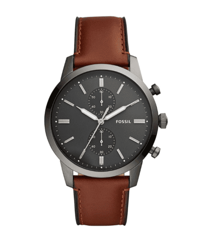 A black and silver watch with brown strap.