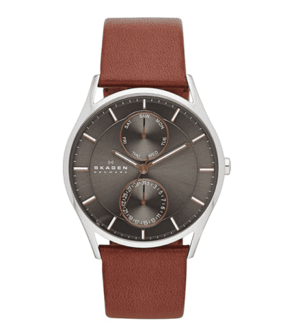A brown leather strap watch with two grey faces.
