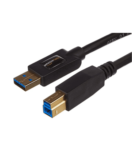 A black usb cable with an angled head and blue stripe.