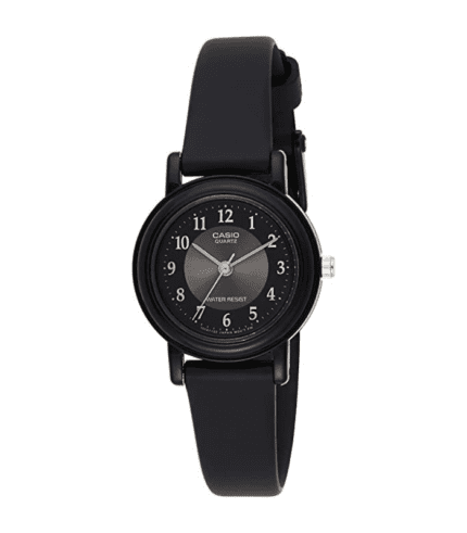 A black watch with a black strap and numbers.