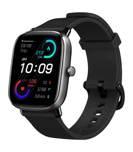 A black and silver smart watch with various activities.