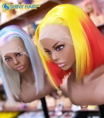 Two mannequins with different colored hair and one is wearing a wig.