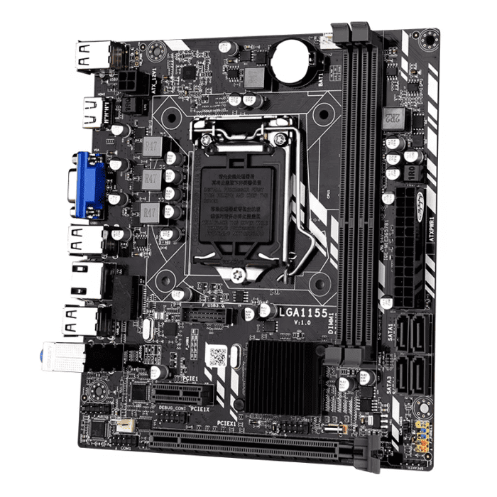 A computer motherboard with many different parts.