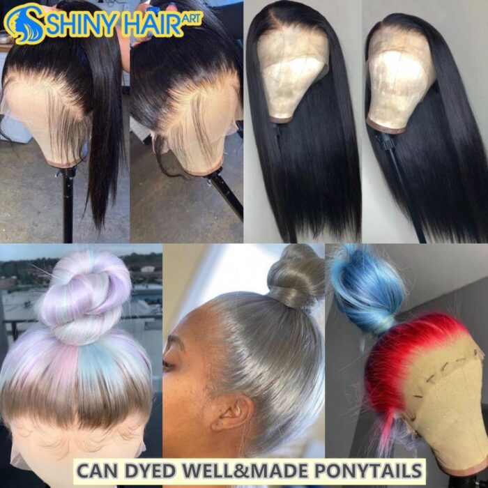 A collage of different colored hair and some types of ponytails.