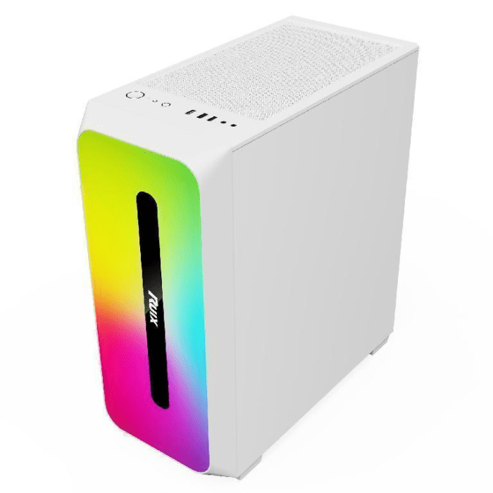 A white box with a rainbow colored light on it.