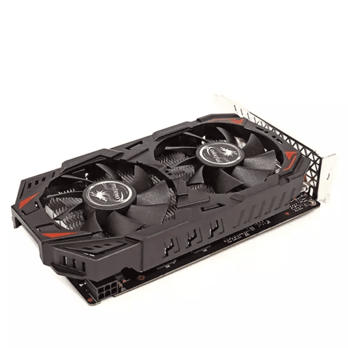 A black and red computer graphic card on top of a white surface.