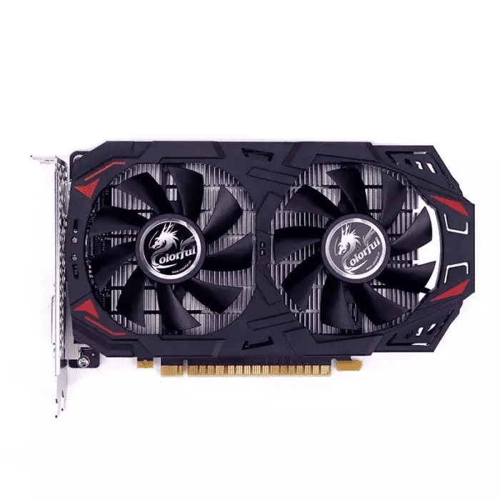 A black and red video card is on the table