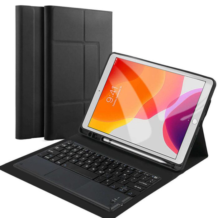 A tablet with keyboard and case on it