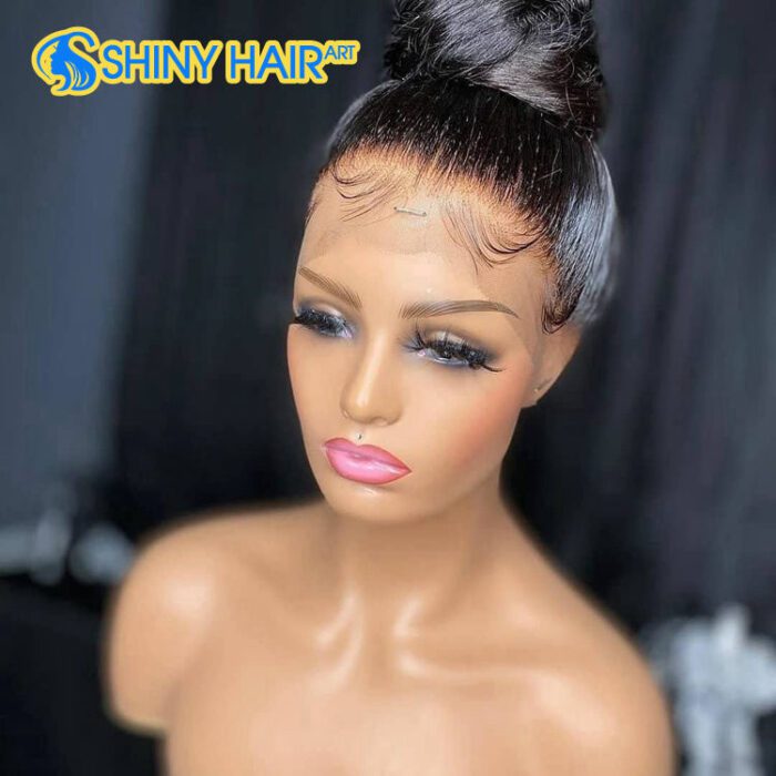 A mannequin wearing a wig with a bun in the middle of her head.
