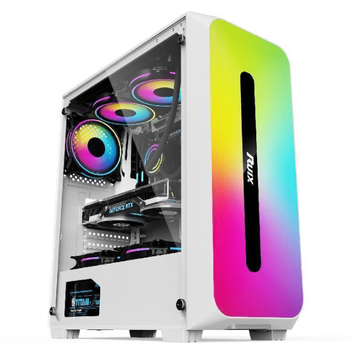 A white computer case with a rainbow colored front.
