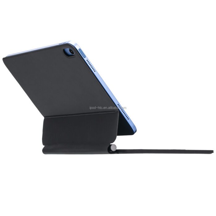A tablet computer sitting on top of a stand.