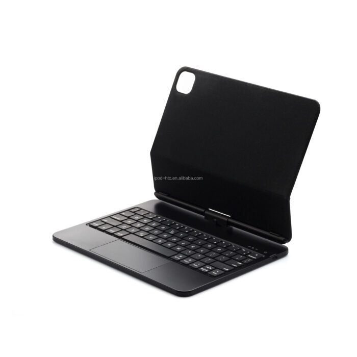 A black tablet with keyboard sitting on top of it.