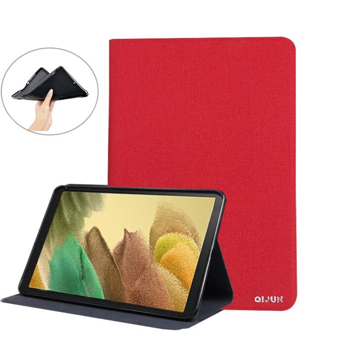 A tablet with a red case and a black cover