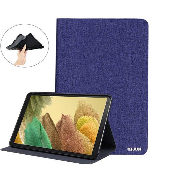 A tablet with a case and a hand on it