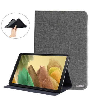 A tablet with a case and two hands holding it.