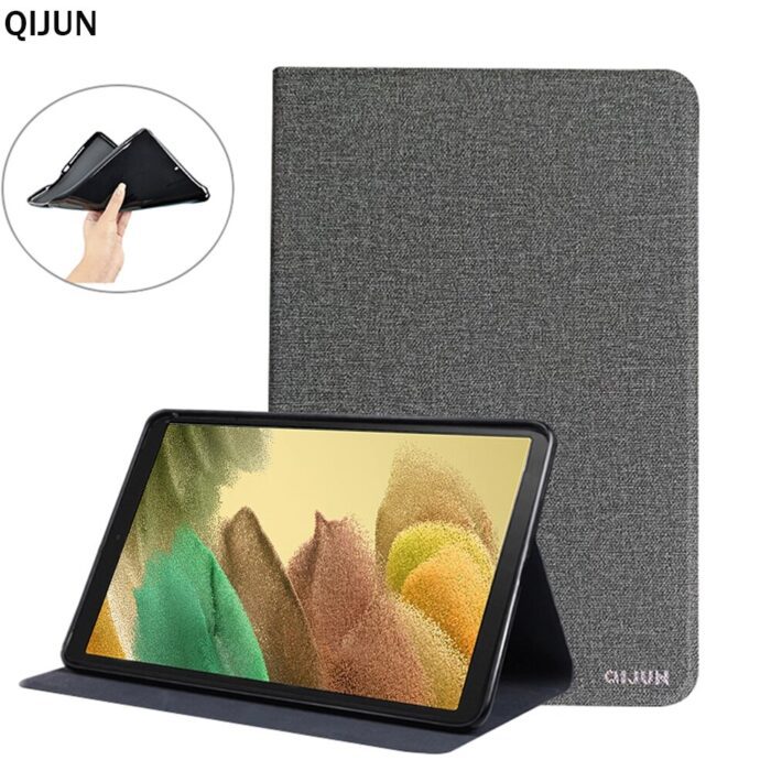 A tablet with a case and a hand holding it